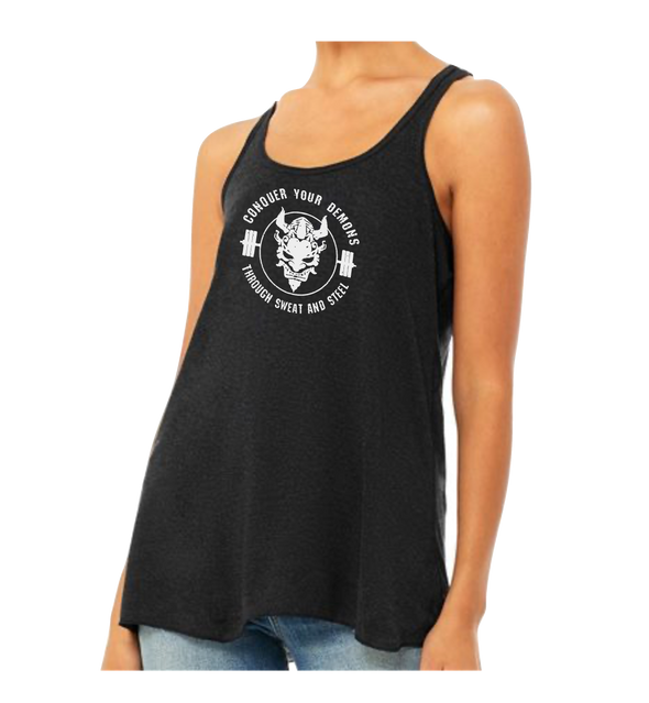 Load image into Gallery viewer, CONQUER YOUR DEMONS - WOMEN&#39;S FLOWY SHIRRED RACERBACK TANK
