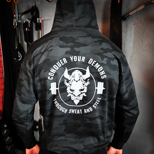 Load image into Gallery viewer, CONQUER YOUR DEMONS - MIDWEIGHT HOODIE - BLACK CAMO

