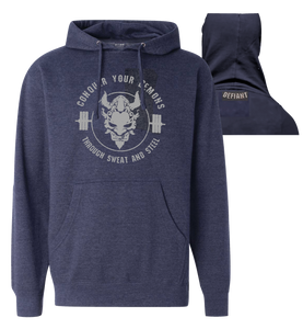 CONQUER YOUR DEMONS MIDWEIGHT HOODIE - CONQUER DESIGN ON FRONT - IN CHARCOAL NAVY