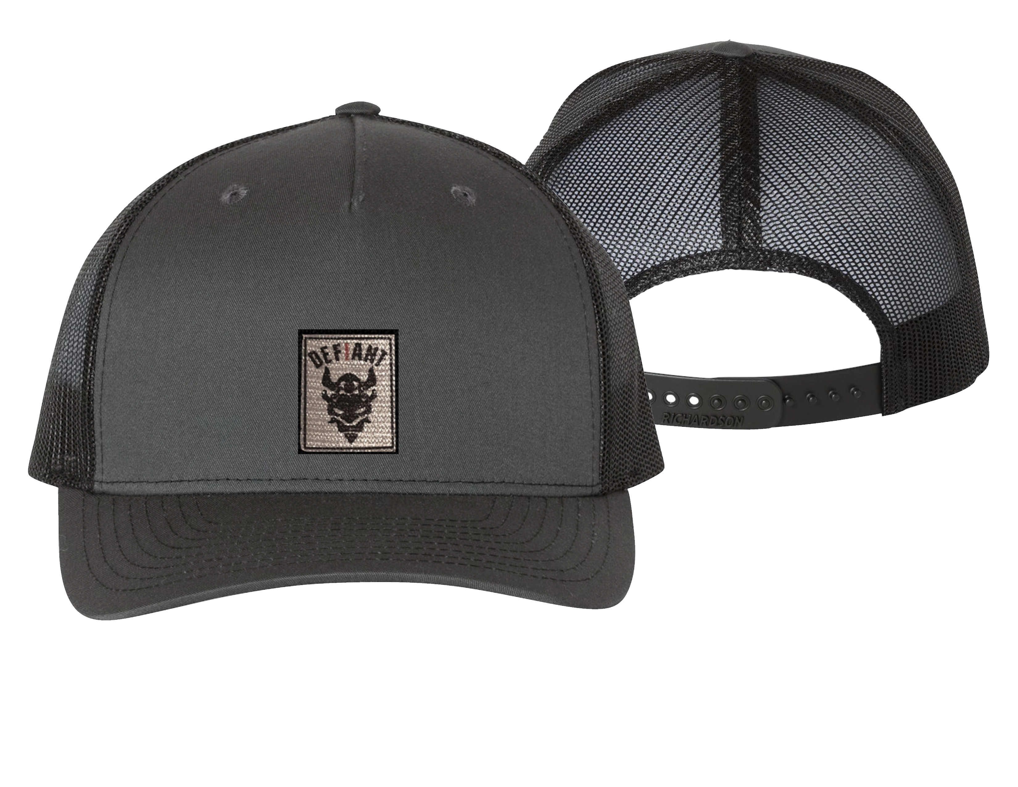 CONQUER - CHARCOAL AND BLACK - MESH 5 PANEL SNAP BACK HAT WITH TWILL EMBLEM