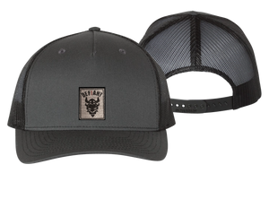 CONQUER - CHARCOAL AND BLACK - MESH 5 PANEL SNAP BACK HAT WITH TWILL EMBLEM