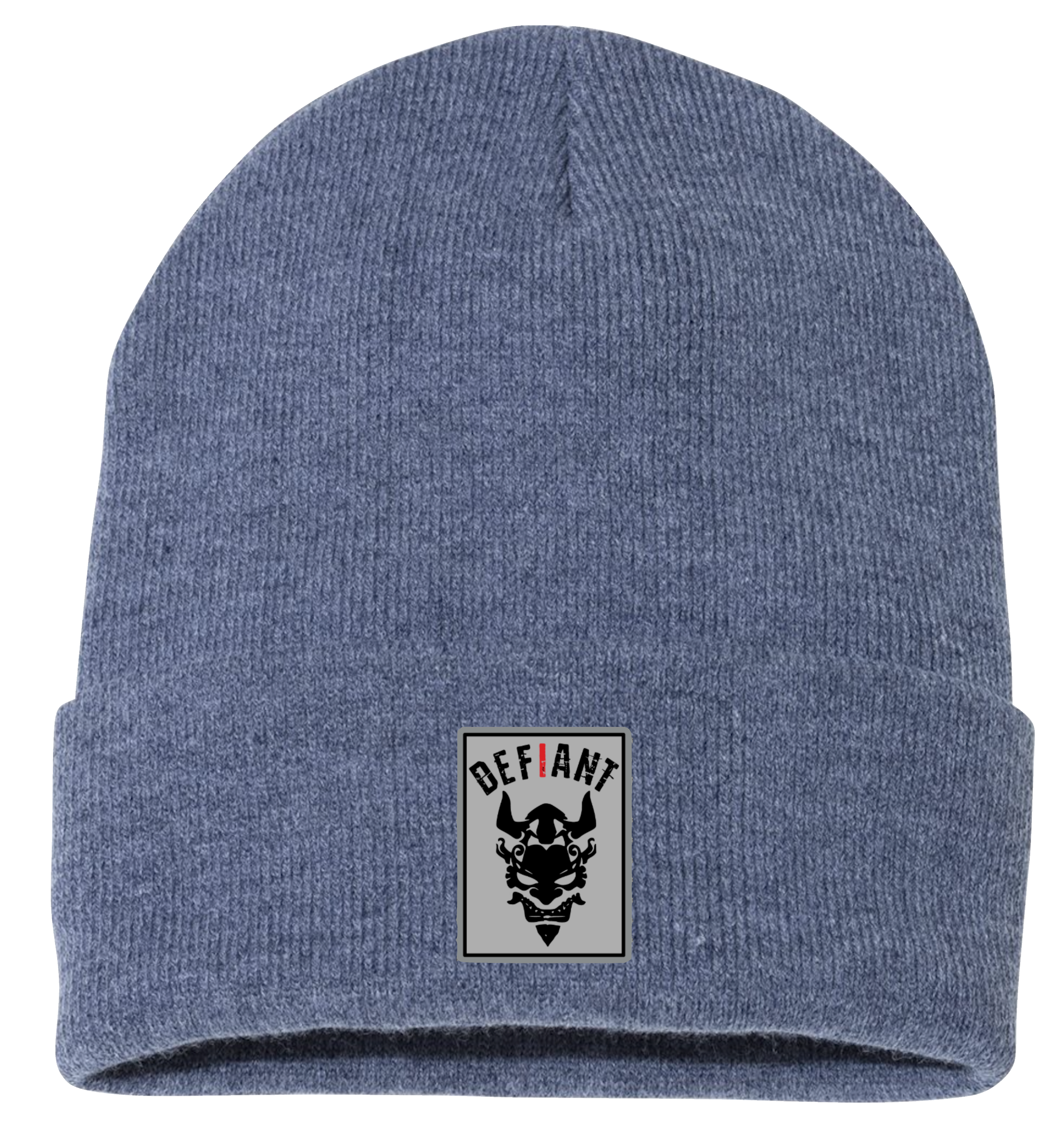 CLASSIC CUFFED BEANIE HAT - with DEFIANT TWILL EMBLEM - OS - Heather Blue