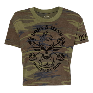 BODY AND MIND - FORGED BY IRON - CAMO WOMEN'S VINTAGE CROP TEE