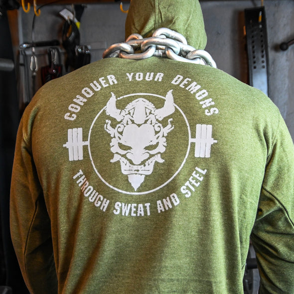 Load image into Gallery viewer, CONQUER YOUR DEMONS HOODIE - ARMY HEATHER
