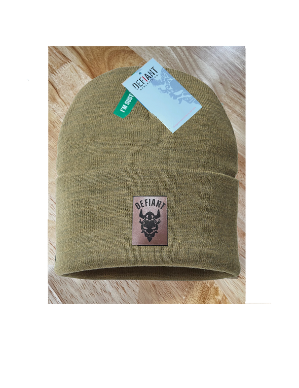 Load image into Gallery viewer, CLASSIC CUFFED BEANIE HAT - with DEFIANT LEATHER PATCH - XL OLIVE
