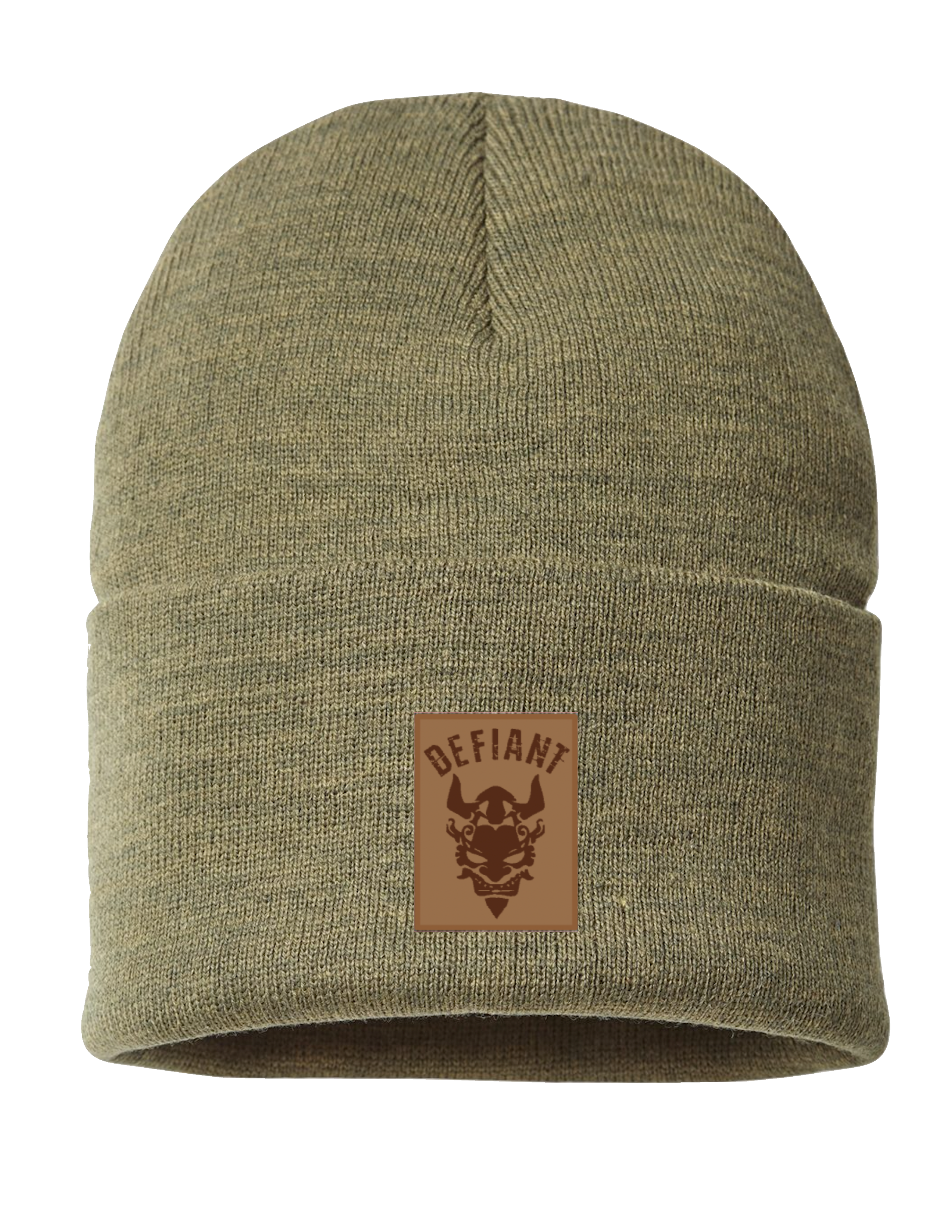 CLASSIC CUFFED BEANIE HAT - with DEFIANT LEATHER PATCH - XL OLIVE
