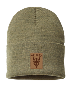 CLASSIC CUFFED BEANIE HAT - with DEFIANT LEATHER PATCH - XL OLIVE